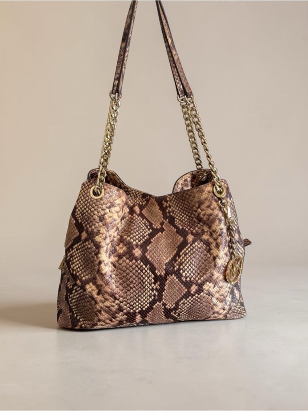 Michael Kors Python Embossed Leather Shoulder Bag Brown Snake GoldChain MK charm